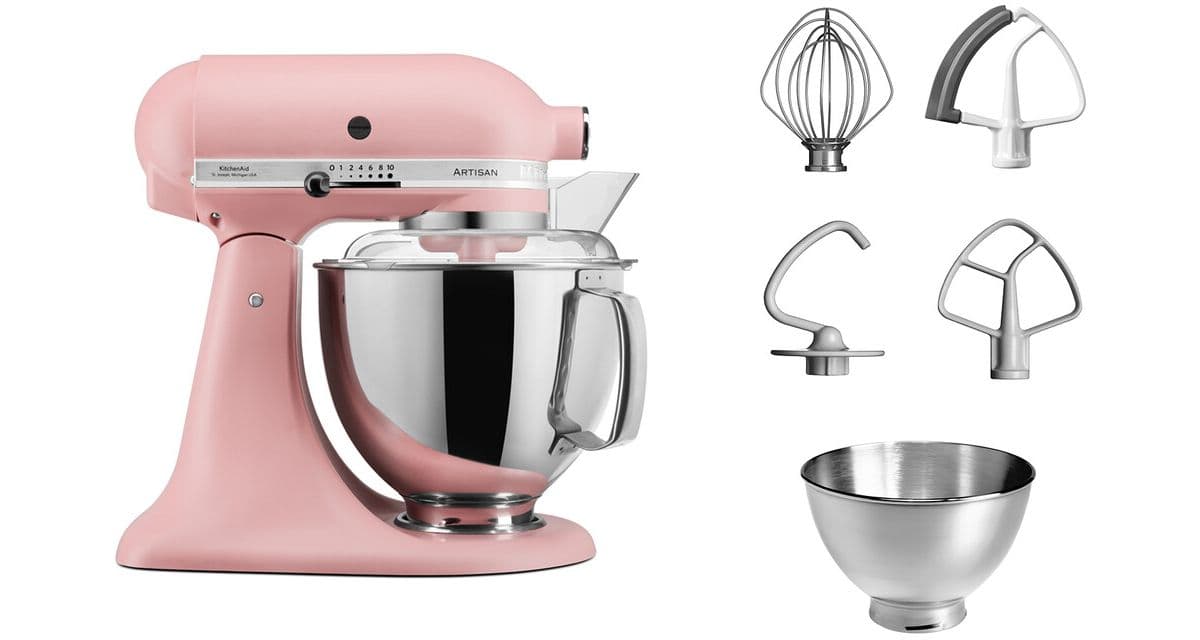 Batidora de pie KitchenAid 5KSM175PSEDR, rosa empolvado, 4,8 L, bol con asa + bol de 3 L, batidor flexible y tapa.