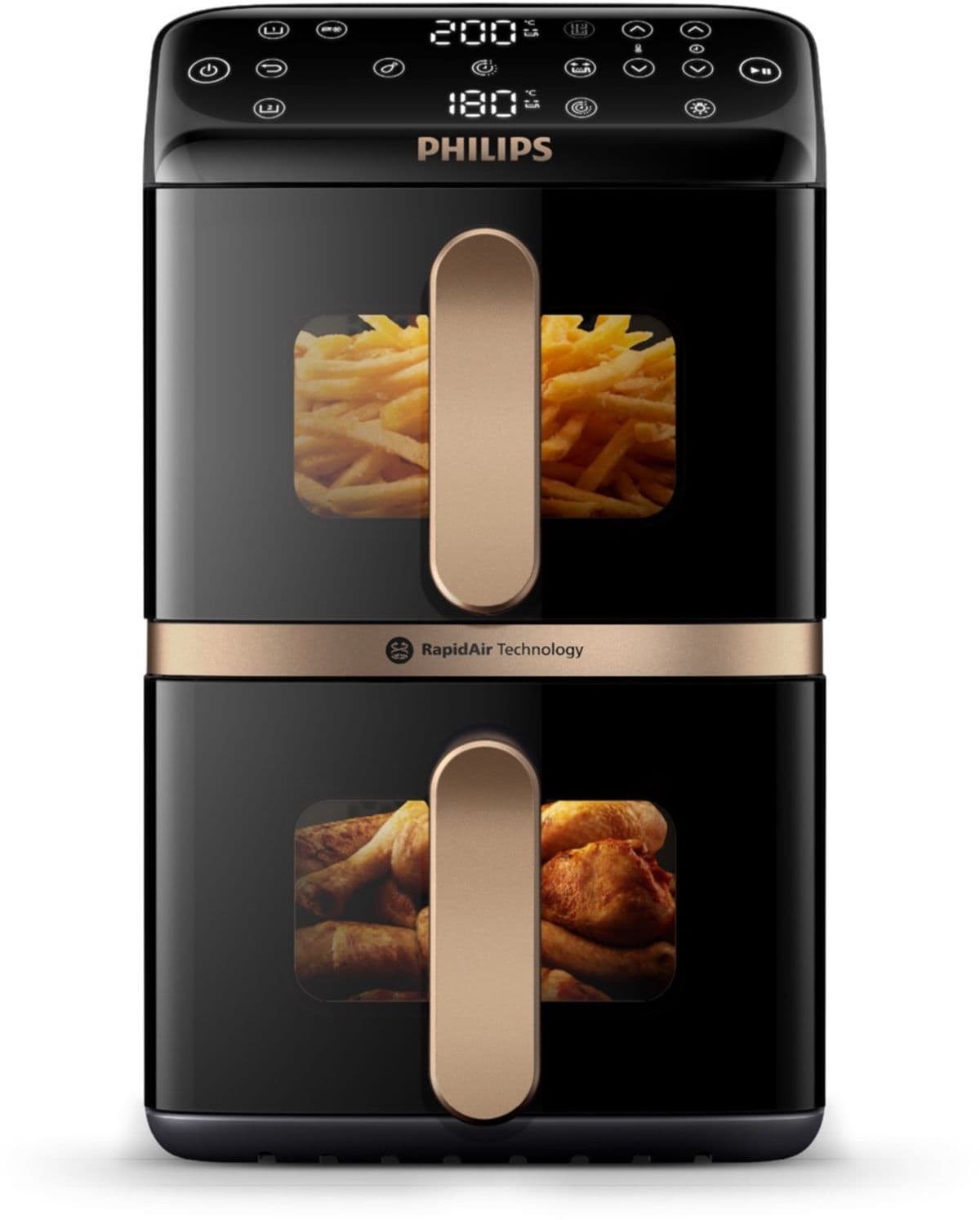 Freidora de aire vertical PHILIPS NA462/70, doble capa, color negro/cobre, serie 4000, 10 L (5+5 L)