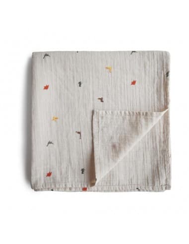 Grand Lange coton bio imprimé Dinosaures Mushie 120x120cm Blanc