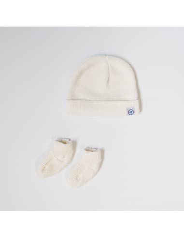 Mini Trousseau naissance Bonnet et chaussons en tricot Ecru Blanc cassé 0 - 1 mois