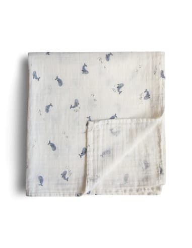 Grand Lange coton bio imprimé Whales Mushie 120x120cm Bleu