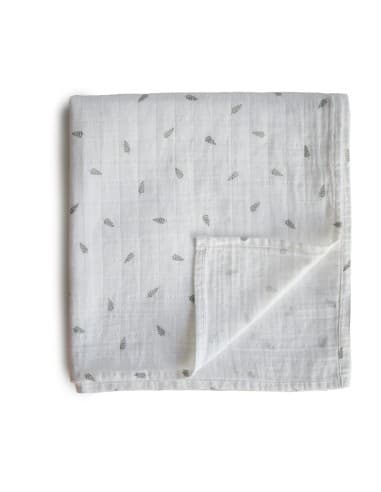 Grand Lange coton bio imprimé Feuilles Vertes Mushie 120x120cm Blanc
