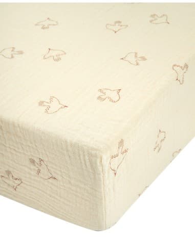 Drap housse Gaze de coton bio Wabi Sabi Brown Hoshi Birds 70x140 cm Beige