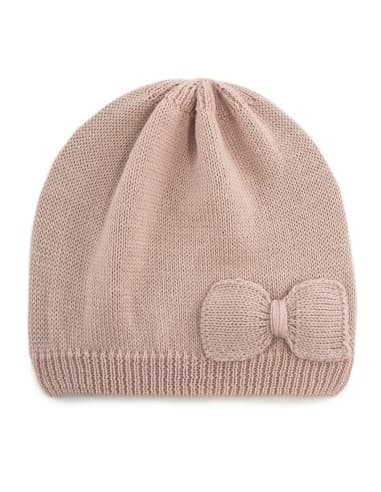 Bonnet Lison Rose petit NĆud en laine de mĂ©rinos Rose 12 - 18 mois