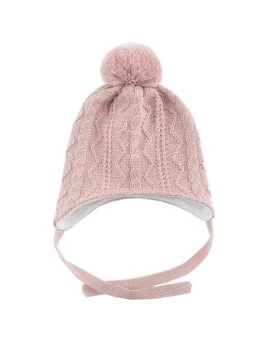 Bonnet Camille Rose avec Pompon et lien d'attache en laine de mérinos Rose 3 - 6 mois