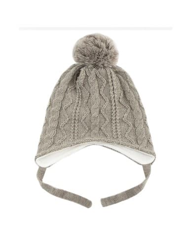 Bonnet Camille Taupe avec Pompon et lien d'attache en laine de mérinos Taupe 0 - 3 mois