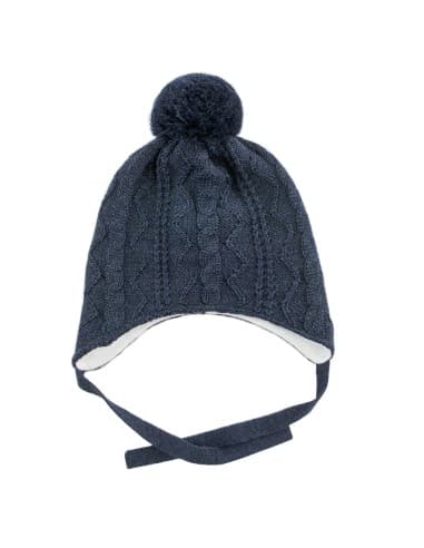 Bonnet Camille Marine avec Pompon et lien d'attache en laine de mérinos Bleu nuit 6 - 12 mois