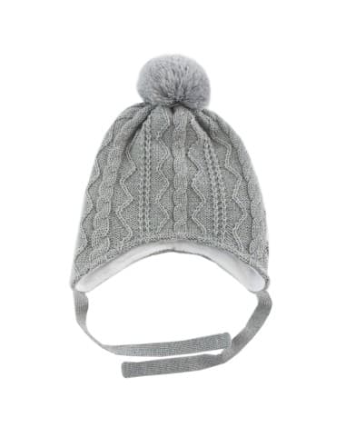 Bonnet Camille Gris chiné avec Pompon et lien d'attache en laine de mérinos Gris 6 - 12 mois