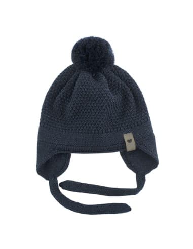 Bonnet Maé Marine avec Pompon et lien d'attache en laine de mérinos Bleu nuit 18 - 36 mois