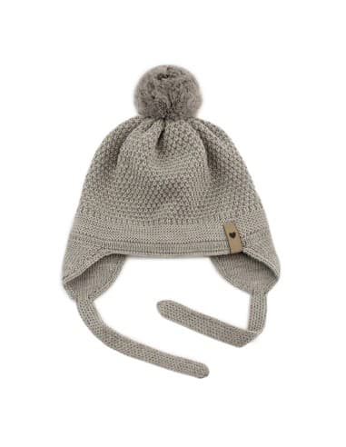 Bonnet Maé Taupe avec Pompon et lien d'attache en laine de mérinos Taupe 18 - 36 mois