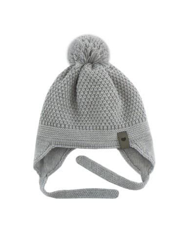 Bonnet Maé Gris Chiné avec Pompon et lien d'attache en laine de mérinos Gris 18 - 36 mois