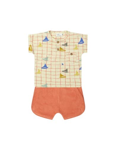 Ensemble T-shirt Bateau et Short en éponge Abricot en Coton Bio Orange 4 - 6 mois