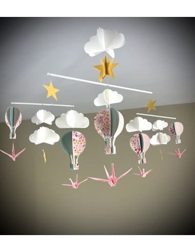 Mobile pour chambre d'enfant Mobile en Papier Mobile - Montgolfières Rose intense, Sauge, Liberty & Origami