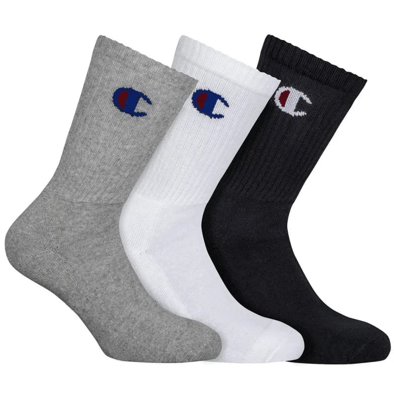 Champion - Lot de 3 Paires de Chaussettes Crew Logo 43-46 Noir Blanc Gris Logo Couleur