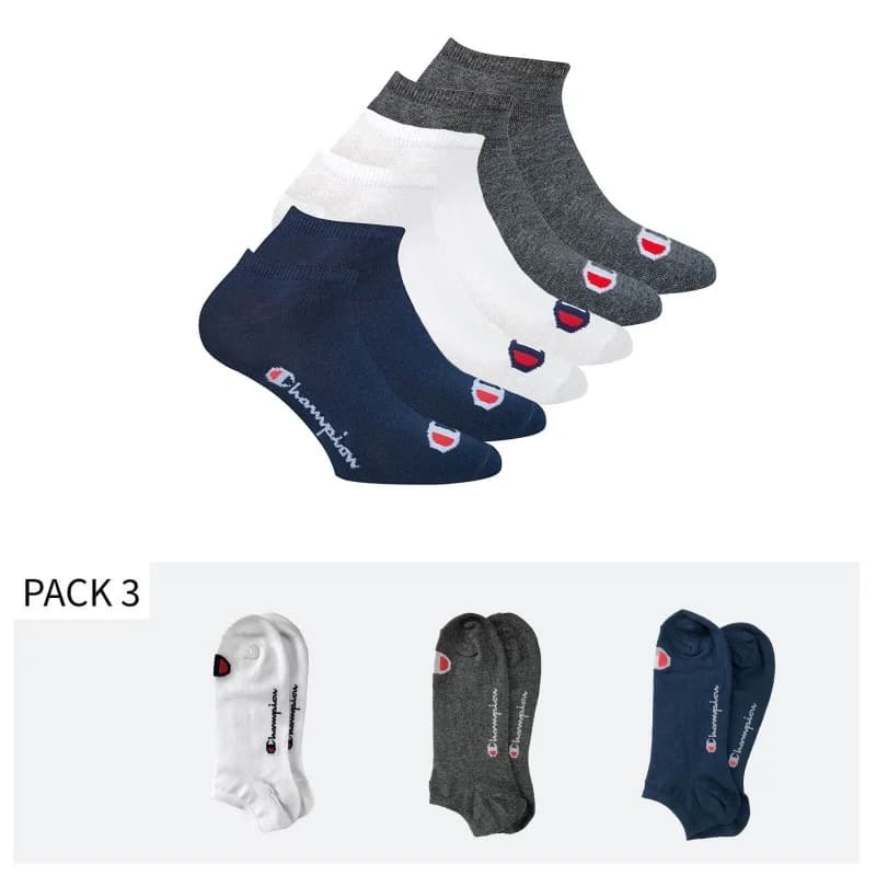 Champion - Lot de 3 Paires de Socquettes Invisibles No Show 35-38 Bleu Marine Blanc Gris