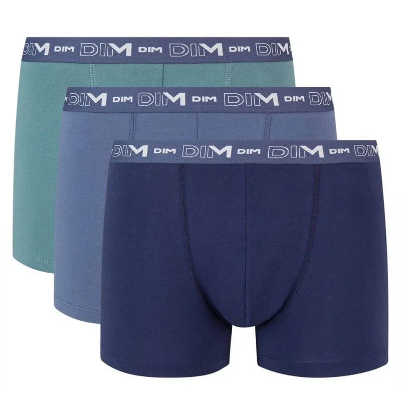 Dim - Lot de 3 Boxers Homme Coton Stretch S Vert Palme/Bleu Orage/Bleu Denim