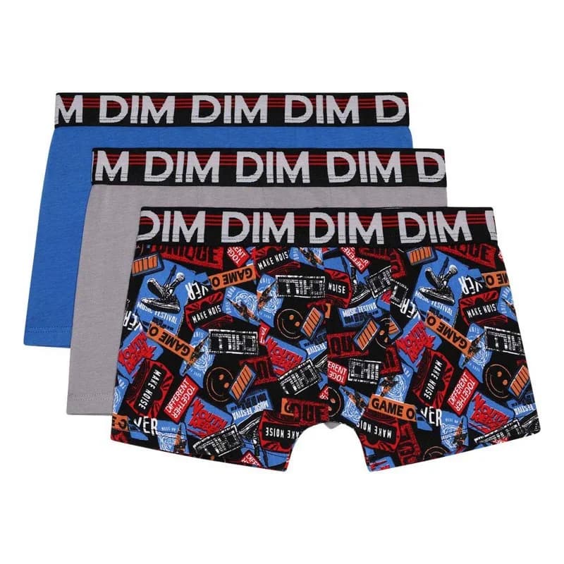 Dim - Lot de 3 Boxers Garçon Coton Stretch EcoDim Mode 10 ans Words/Gris/Bleu Azur