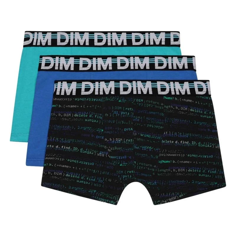 Dim - Lot de 3 Boxers Garçon Coton Stretch EcoDim Mode 16 ans Code/Bleu/Vert Menthe