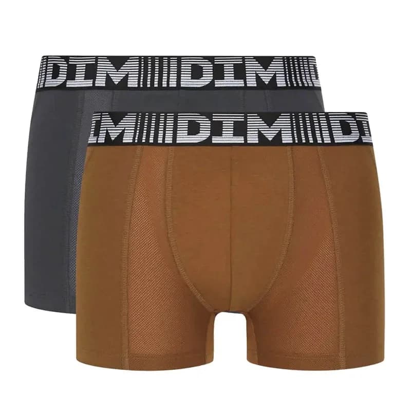 Dim - Lot de 2 Boxers Homme Coton 3D Flex Air S Marron Toasté/Gris Foncé