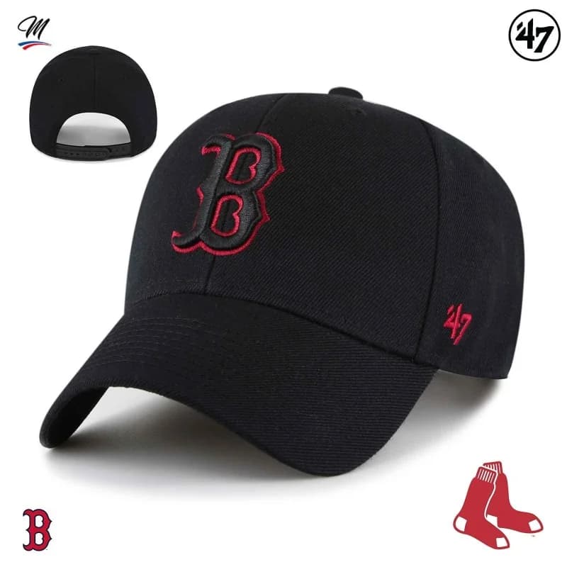 '47 Brand - Casquette MLB Boston Red Sox MVP Snapback Noir Taille Unique Noir (Logo Noir contour Rouge)