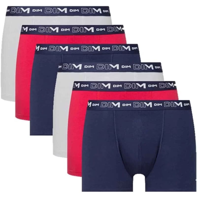 Dim - Lot de 6 Boxers Homme Coton Stretch M Bleu Denim/Rouge Topaze/Acier