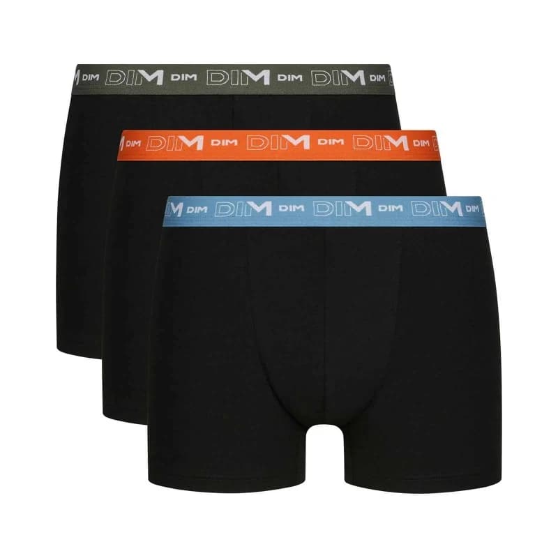Dim - Lot de 3 Boxers Homme Coton Stretch XL Noir Ceintures Bleu Riviera/ Orange Nacre/ Vert Tennis