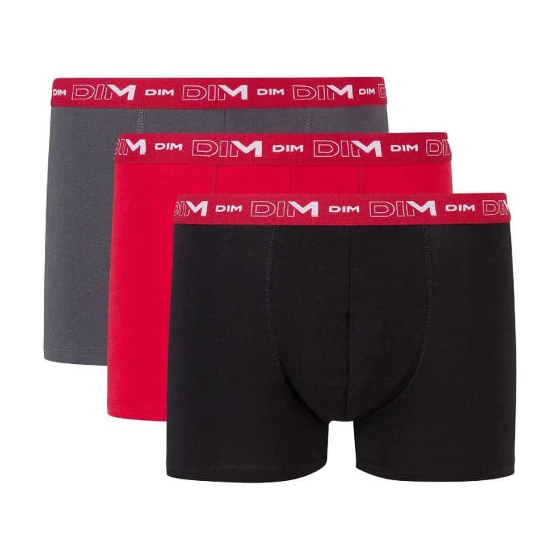 Dim - Lot de 3 Boxers Homme Coton Stretch XXL Gris Plomb/ Rouge Chili/ Noir