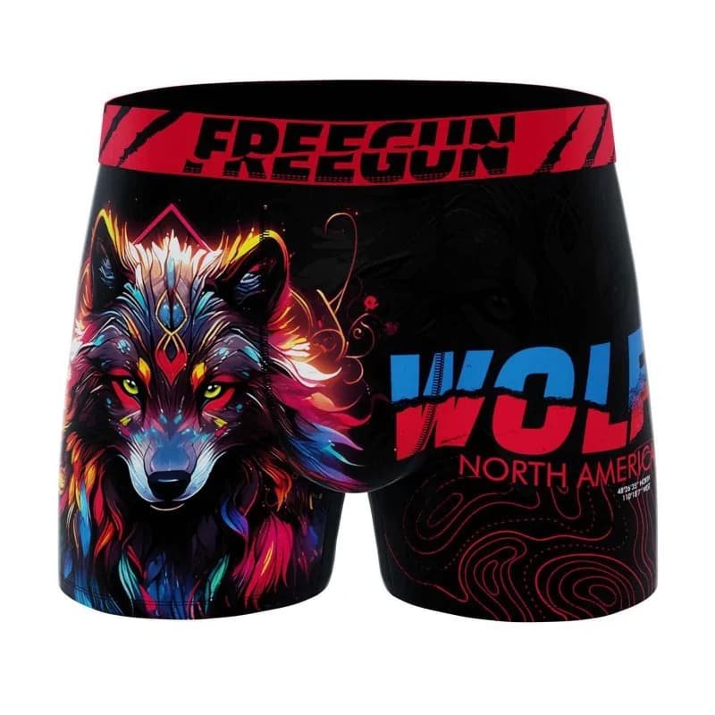 Freegun - Boxer Homme Microfibre Loup "Wolf" XXL Noir et Rouge