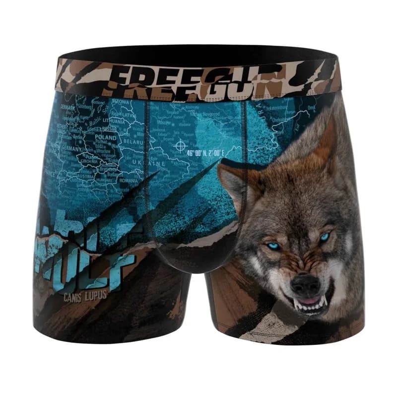 Freegun - Boxer Homme Microfibre Loup "Wolf" L Bleu