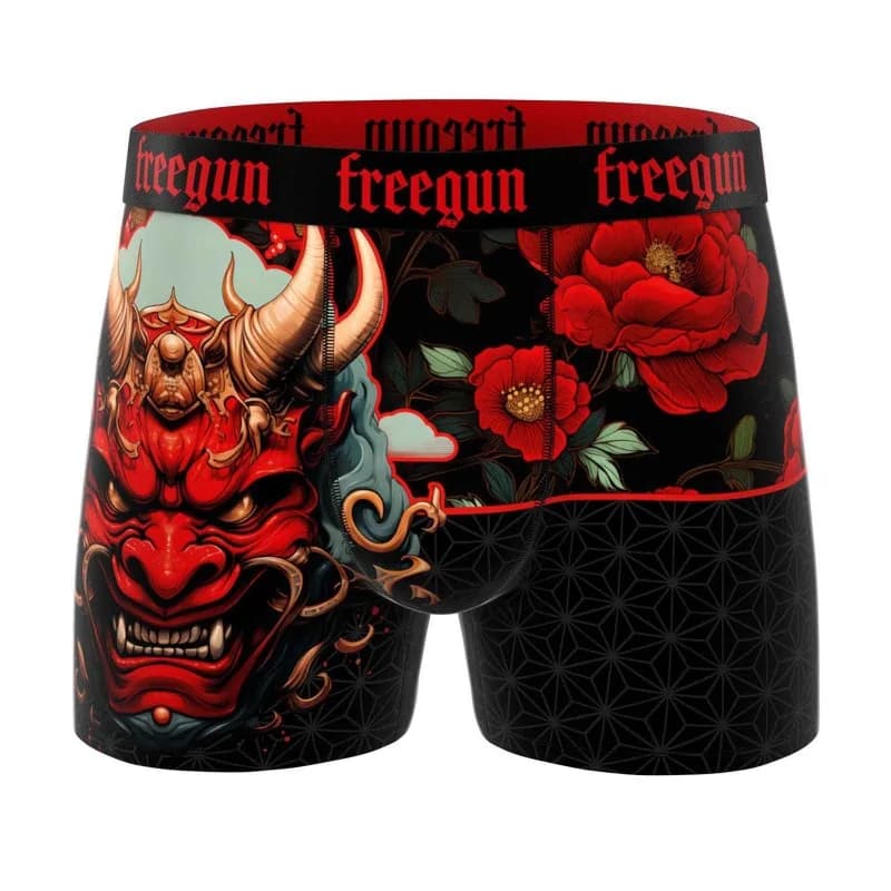 Freegun - Boxer Homme Microfibre Masque "Samourai ONI" S Noir et Rouge