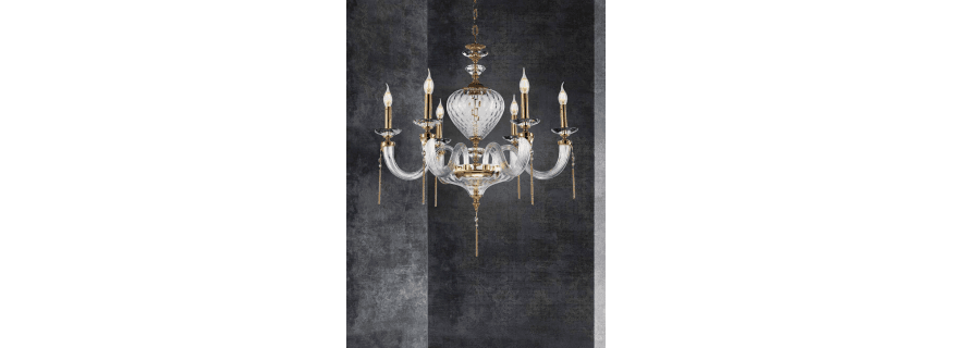 Lustre Chandelier en verre soufflé et cristal Scholer pour hôtel ou château Design Monet 6 Lumières