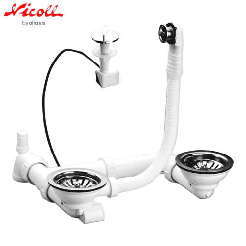 Nicoll 0224045 - 535 - Bonde évier 2 bacs + trop plein Ø114 mm. Vidage automatique.