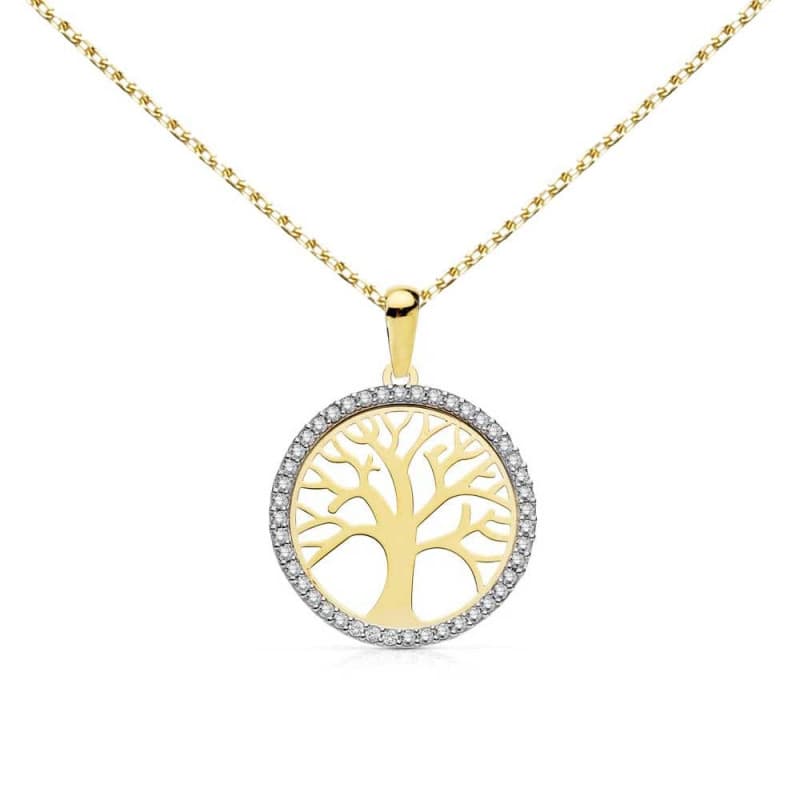 Collier - Pendentif Or 18 Carats 750/000 Jaune - Arbre de Vie Serti de Zirconiums - Chaine Dorée