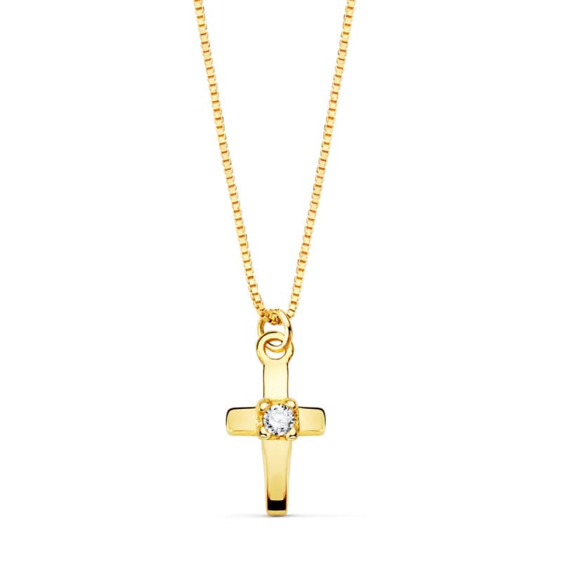 Collier Croix Or 18 Carats 750 Jaune et Diamant de Synthèse 0.015ct