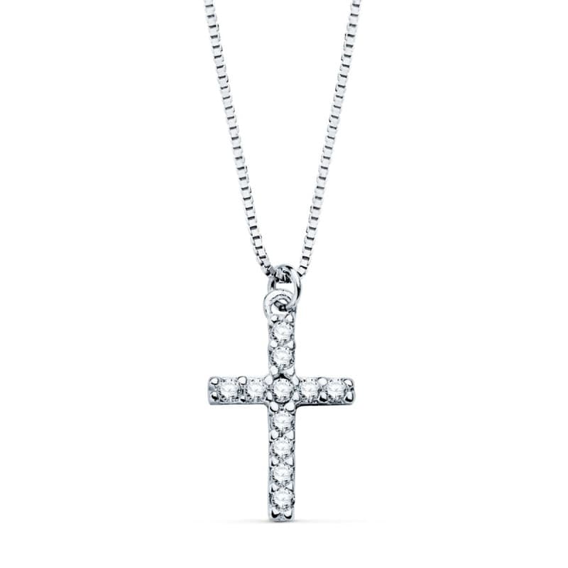 Collier Croix Or 18 Carats 750 Blanc et Diamants de Synthèse 0.09ct