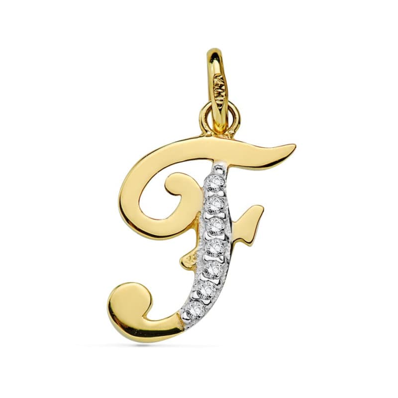 Pendentif Or 18 Carats 750 Jaune Serti de Zirconiums - Initiale Lettre "F" - Chaine Offerte