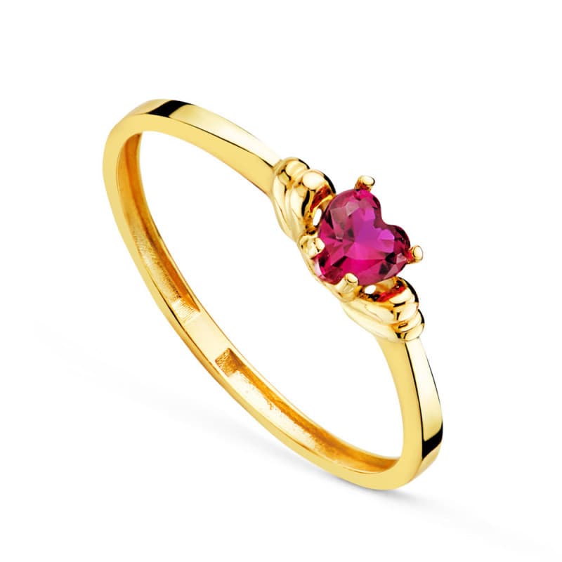 Bague Or 18 Carats 750 Jaune et Rubis Coeur