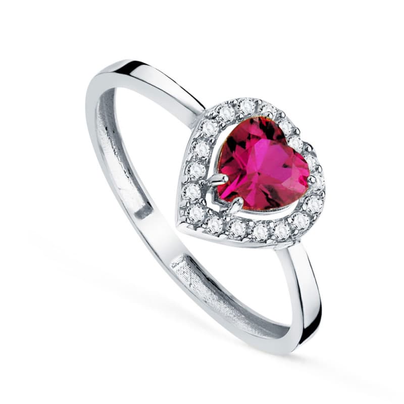 Bague Or 18 Carats 750 Blanc et Rubis Coeur Double