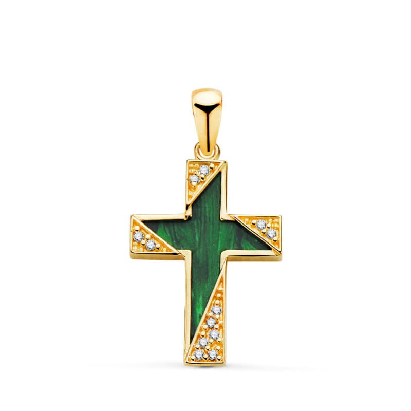 Pendentif - Médaille Croix Or 18 Carats 750 Jaune - Malachite et Zirconiums - Chaine Offerte