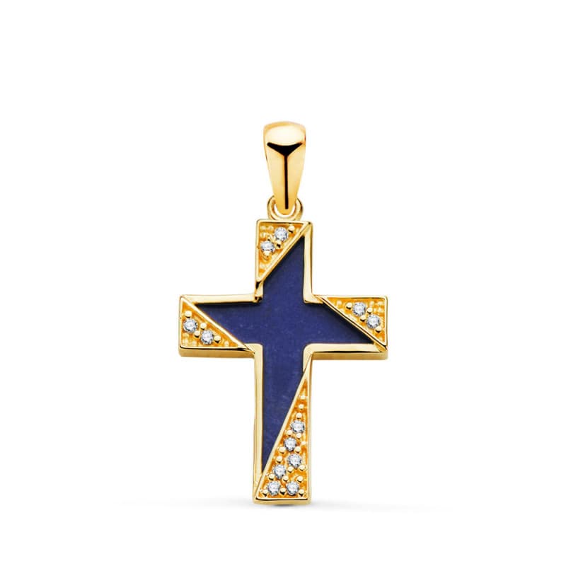 Pendentif - Médaille Croix Or 18 Carats 750 Jaune - Lapis Lazuli et Zirconiums - Chaine Offerte