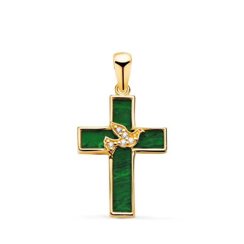 Pendentif - Médaille Croix Or 18 Carats 750 Jaune et Malachite - Motif Colombe Serti - Chaine Offerte