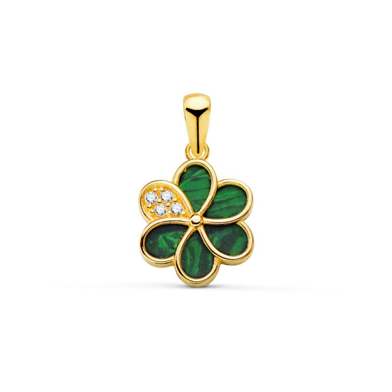 Pendentif Fleur Or 18 Carats 750 Jaune - Malachite et Zirconiums - Chaine Offerte