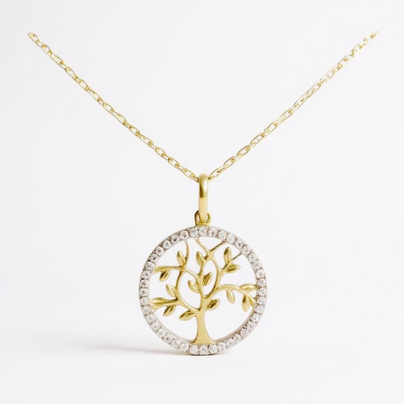 Collier - Pendentif Or Jaune Arbre de Vie Serti de Zirconiums - Chaine Dorée Offerte