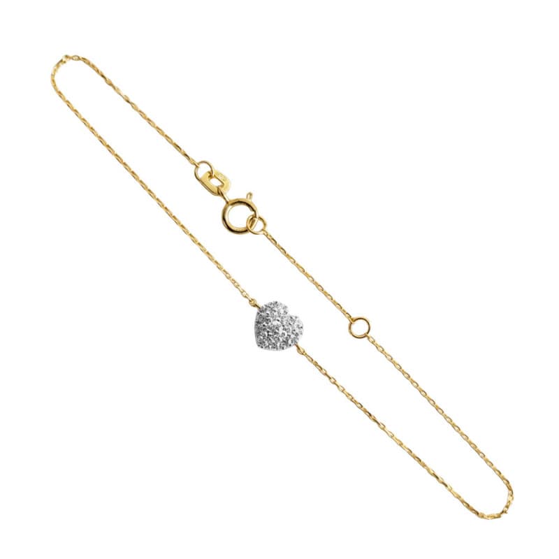 Bracelet Or Jaune - Motif Coeur Pavé de Zirconiums - Femme