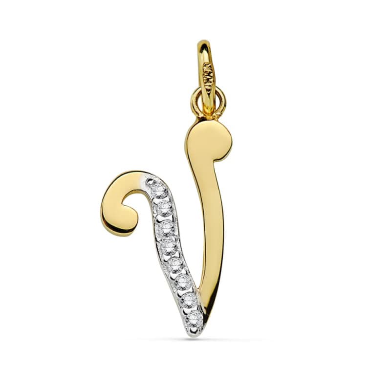 Pendentif Or 18 Carats 750 Jaune Serti de Zirconiums - Initiale Lettre "V" - Chaine Offerte