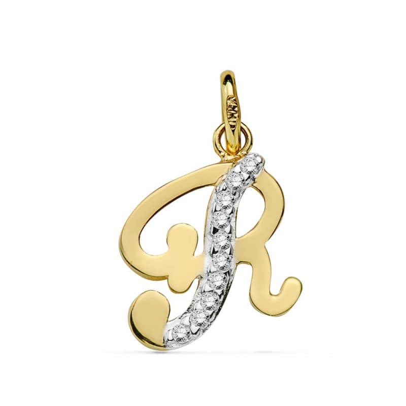 Pendentif Or Jaune Serti de Zirconiums - Initiale Lettre "R" - Chaine Offerte