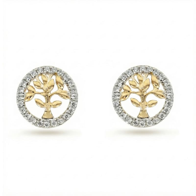 Boucles d'Oreilles Or Jaune et Zirconiums - Puces Motif Arbre de Vie
