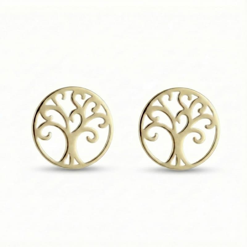 Boucles d'Oreilles Or Jaune - Puces Motif Arbre de Vie