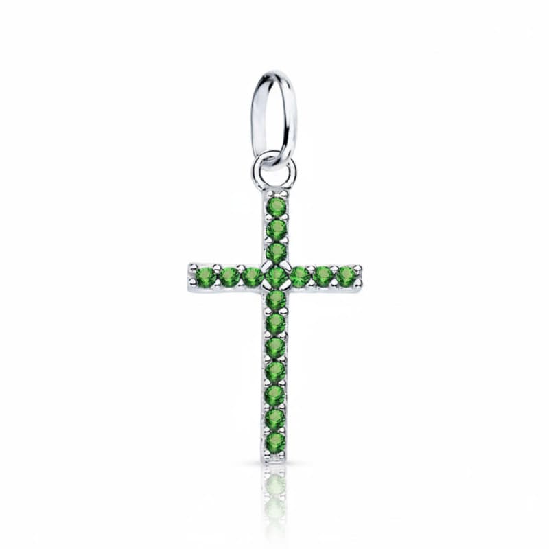 Pendentif Croix en Or Blanc 18 Carats 750 serti de Zirconiums Verts + Chaîne Offerte