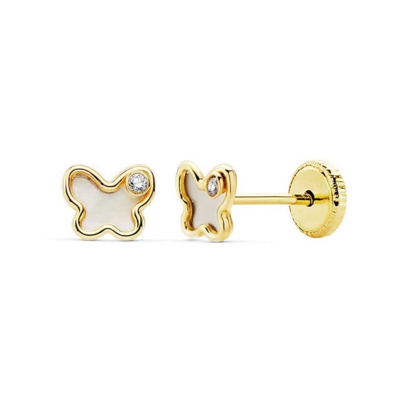 Boucles d'Oreilles Or 18 Carats 750/000 Jaune et Nacre - Papillons